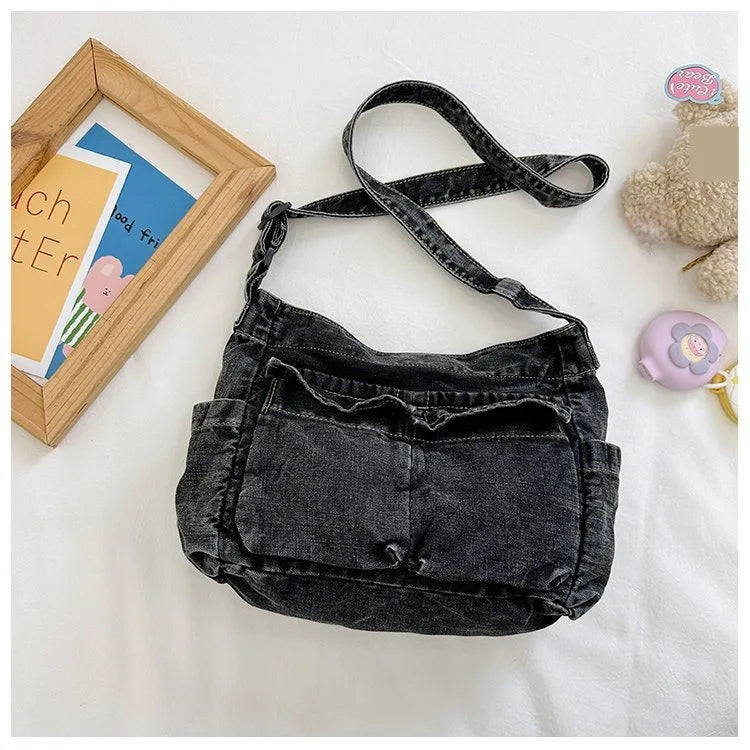 Denim Vintage Messenger Bag for Women Tote Handbag Fashion Jeans Crossbody Shoulder Bag Large Capacity Causal Ladies Satchel Bag