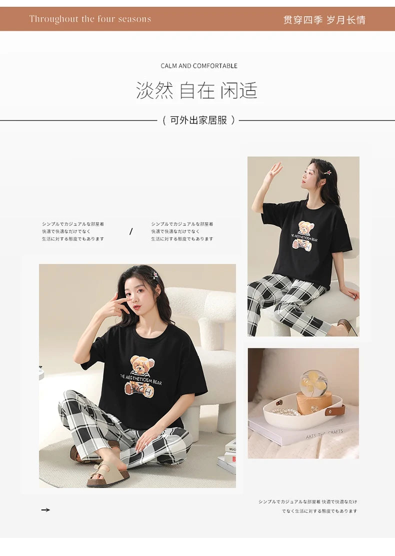 Big Size 5XL Pajama Sets Short Sleeved Cartoon Bear Knitted PJ Plaid Sleepwear Elegant Women's Pajamas Lounge Home Pijama Mujer