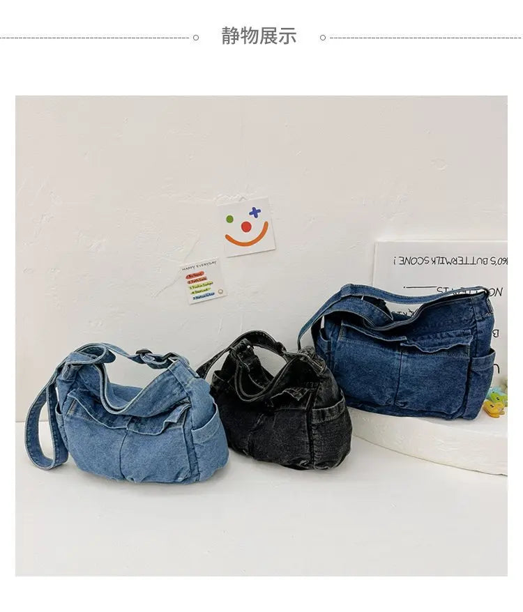 Denim Vintage Messenger Bag for Women Tote Handbag Fashion Jeans Crossbody Shoulder Bag Large Capacity Causal Ladies Satchel Bag