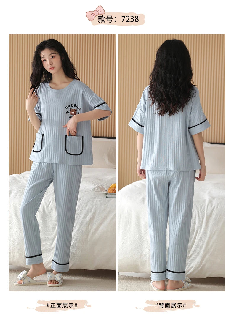 Big Size 5XL Pajama Sets Short Sleeved Cartoon Bear Knitted PJ Plaid Sleepwear Elegant Women's Pajamas Lounge Home Pijama Mujer