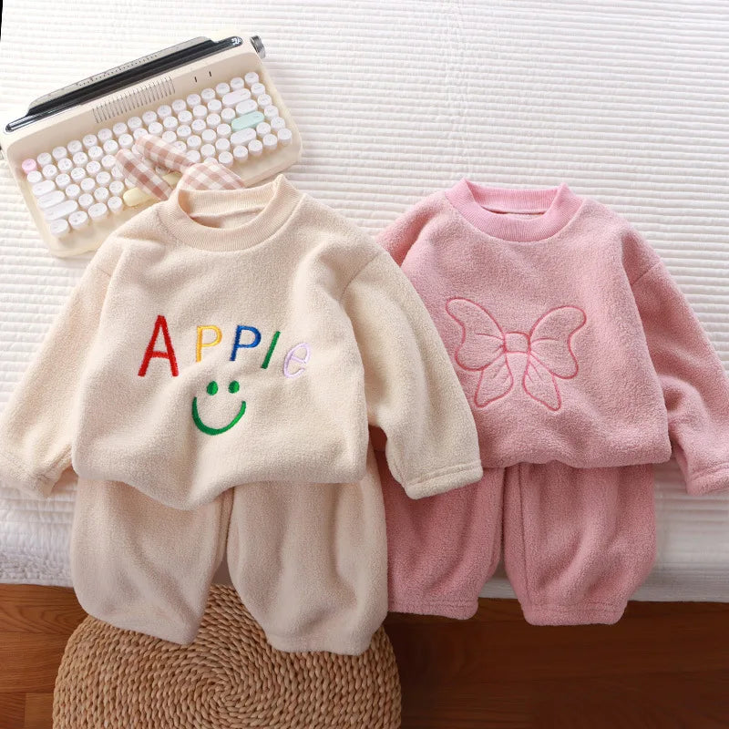 Winter Flannel Kids Sets Solid Warm Children Pajamas Sets Homewear Two-piece Set  for Baby Boys Girls Kids Boutique Clothes