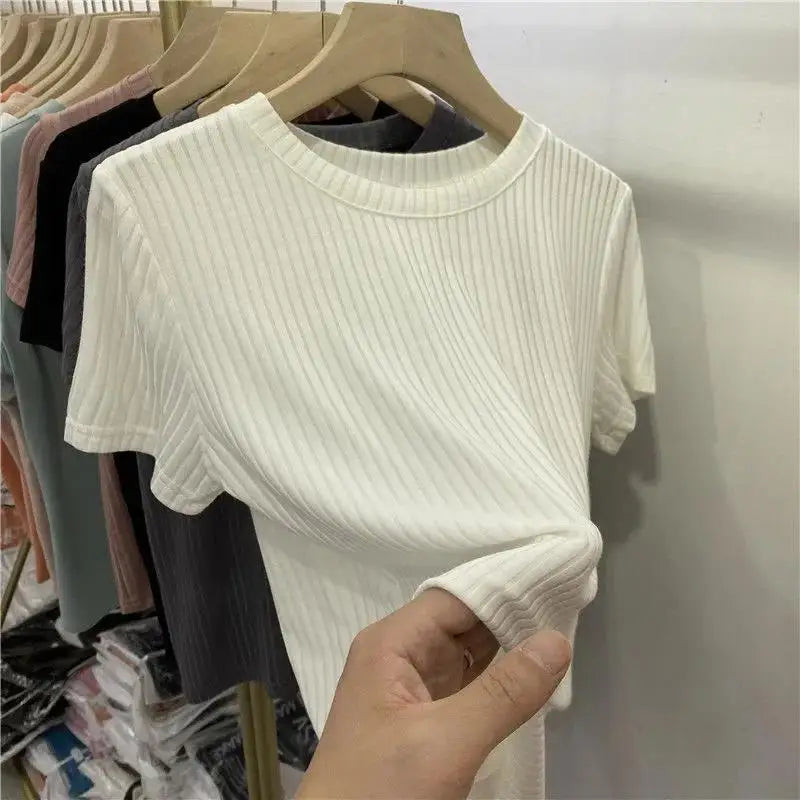 Summer Women Pullover Short Sleeves Bottoming Shirts O-Neck Elastic Slim Thread Fashion Korean T-Shirts Various Colors Available