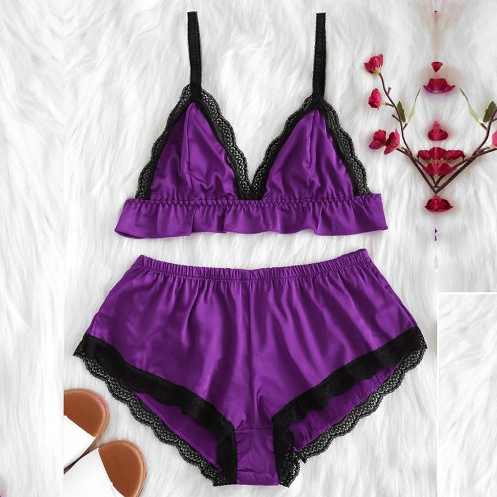 Women Lace Camisole Top Panties Sexy Satin Silk Sleepwear Set Top Shorts Nightwear Lingerie Pajamas Set Trikini Top Briefs Set