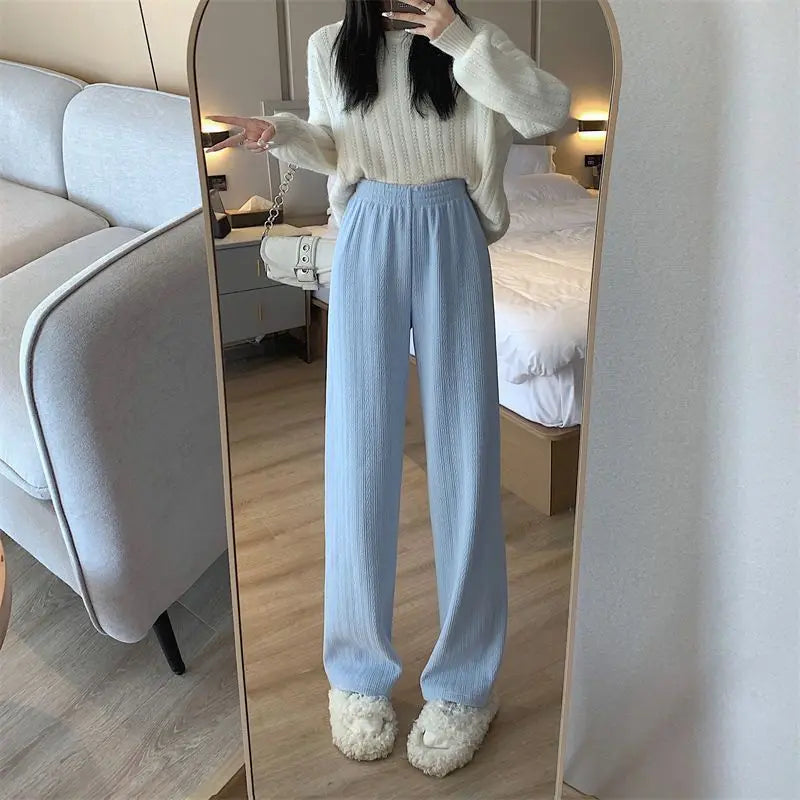 Women Autumn Winter Wide-Leg Pants High-Waist Casual Drape Loose Straight Pants Fleece Elastic Waist Fashion Mopping Pants