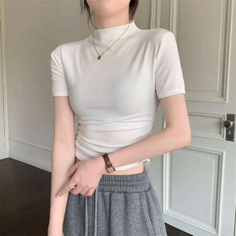 Fashion Women's Short T-shirt middle collar Slim fit Short Sleeve Casual Tee Tight Folds Wild High Waist Workout Yoga Tops