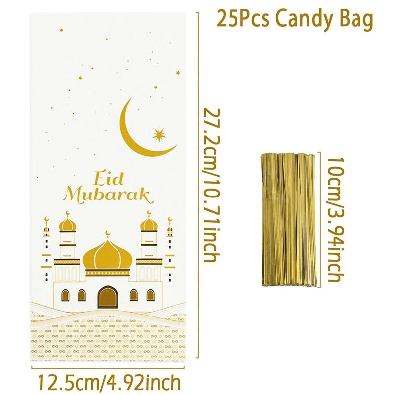 50pcs Eid Mubarak Gift Bags Plastic Bag Cookie Candy Ramadan Kareem Decoration 2024 Islamic Muslim Party Packaging Bag Pouch