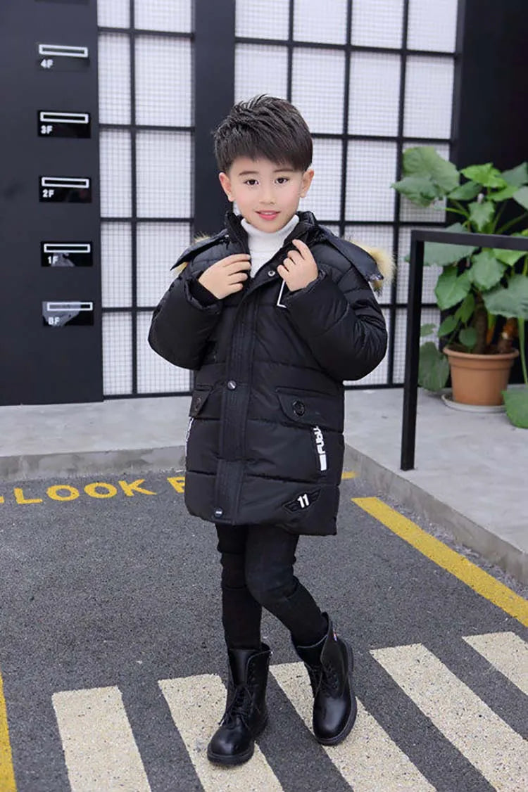 Boys Long Jacket Coat Overcoat Cotton 2024 Blue Black Khaki Warm Thicken Winter Plus Size Children's Clothing