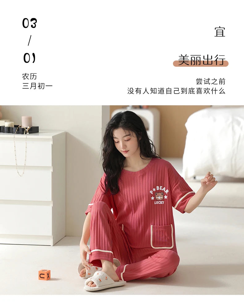 Big Size 5XL Pajama Sets Short Sleeved Cartoon Bear Knitted PJ Plaid Sleepwear Elegant Women's Pajamas Lounge Home Pijama Mujer