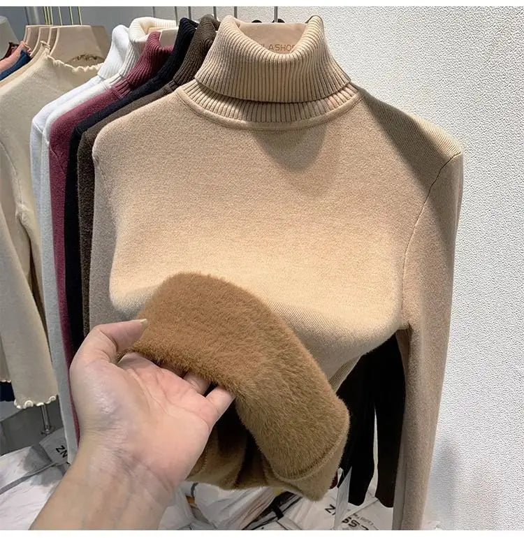 Turtleneck Plush Fleece Sweater Women Winter Fashion Elastic Thicken Pullovers Warm Casual Basic Solid Bottoming Sweater