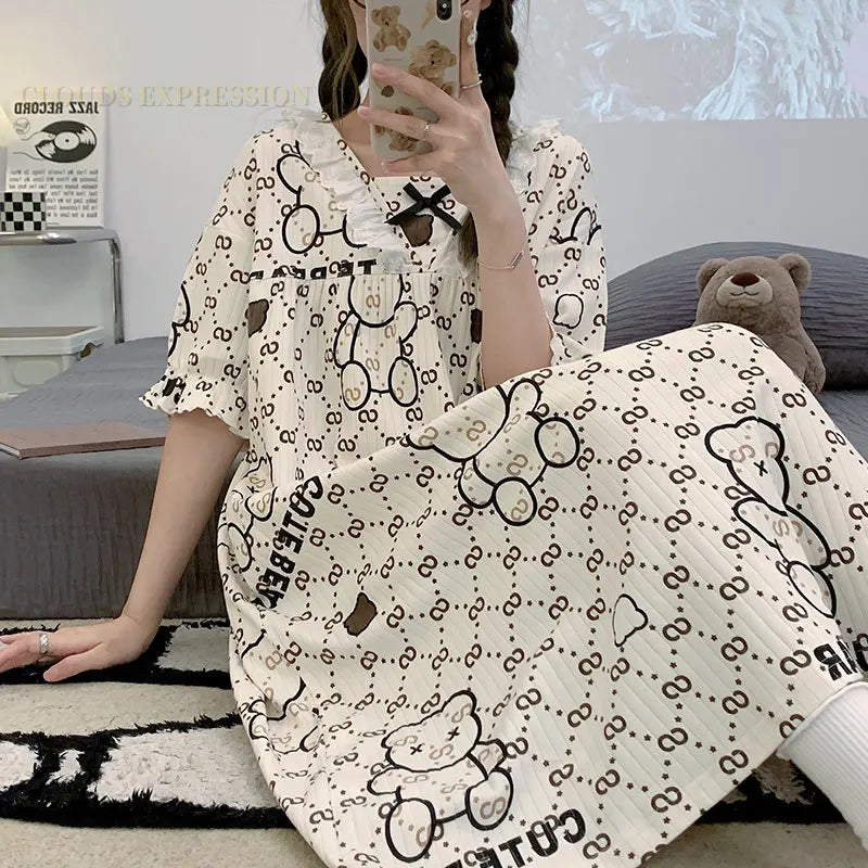 Summer New Knitted Cotton Kawaii Girls Checked Sleep Dress Women's Nightgowns Nighttie Sleepshirts Ladies Dresses Home Fashion