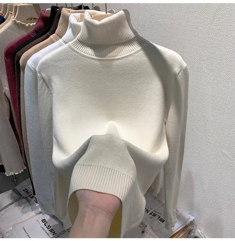 Turtleneck Plush Fleece Sweater Women Winter Fashion Elastic Thicken Pullovers Warm Casual Basic Solid Bottoming Sweater