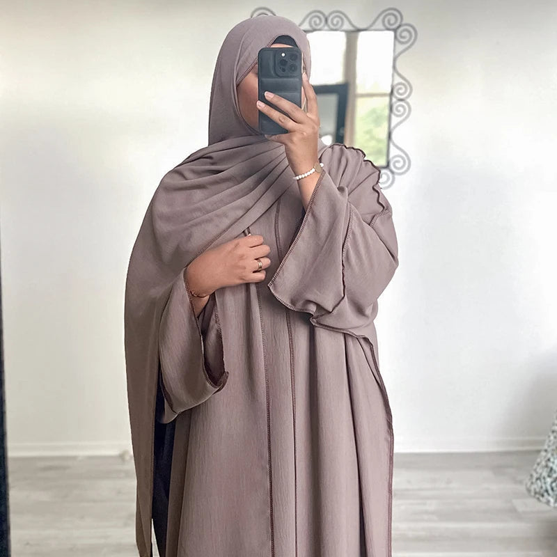 Three Piece Abaya Set With Hijab Free Belt Jazz Crepe Kimono Sleeveless Under Dress EID Ramadan Muslim Women Islamic Clothing