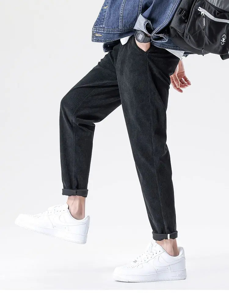 Men's Fleece Straight-leg Pants Casual Slim Fit Thick Solid Color Ankle Trousers Corduroy Drawstring Warm Jogger Sweatpants