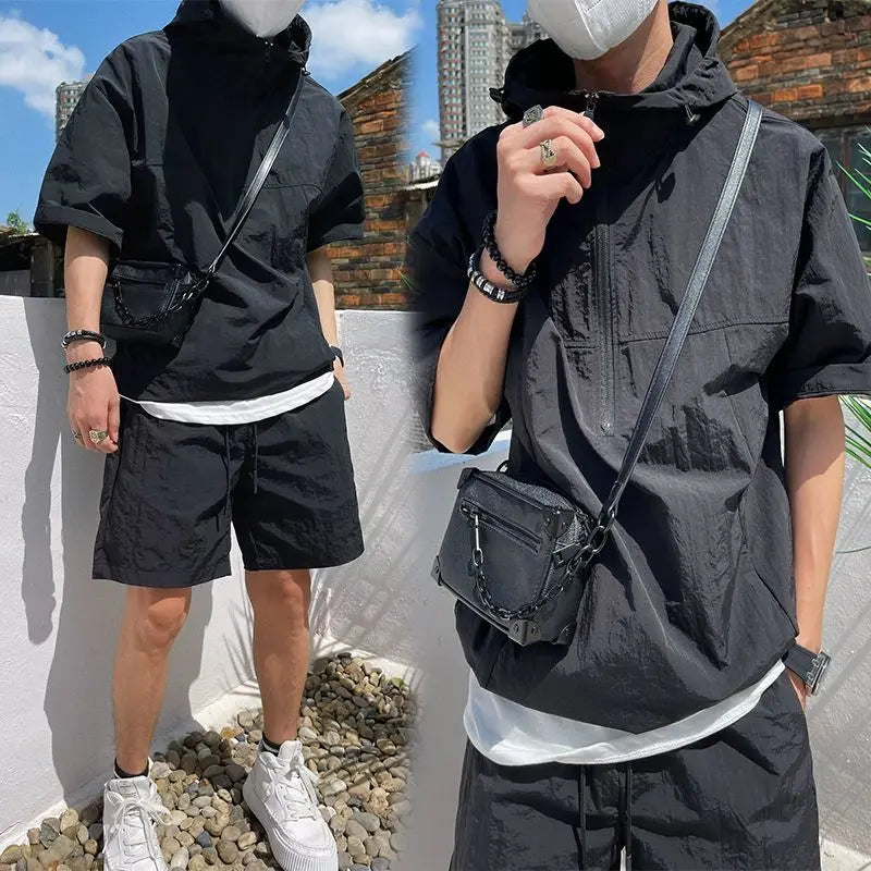 Summer Cargo Style Set Men's Casual Hooded Solid Short Sleeve T-shirt Shorts Loose Fashion High Quality Handsome Sweatshirt Suit