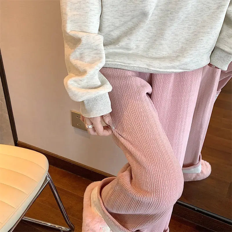 Women Autumn Winter Wide-Leg Pants High-Waist Casual Drape Loose Straight Pants Fleece Elastic Waist Fashion Mopping Pants