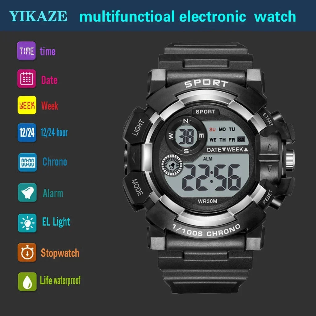 YIKAZE Fashion Sports Watches Men Women Digital Watch Waterproof Luminous Alarm Clock Electronic Wristwatch for Kids Children