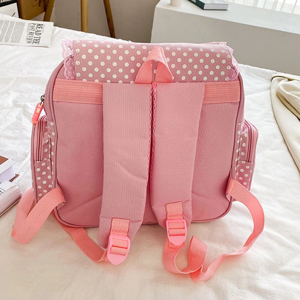 Kawaii Kids School Bag Cute Strawberry Embroidery Student Mochila Dots Multi-Pocket Nylon Fashion College for Teenager Girl