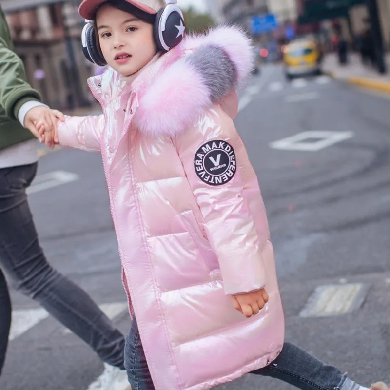 Warm Winter Jacket For Girls Coat Fashion Waterproof Shiny Hooded Children Outerwear Clothing 5-14 Years Teenage Kids Parka