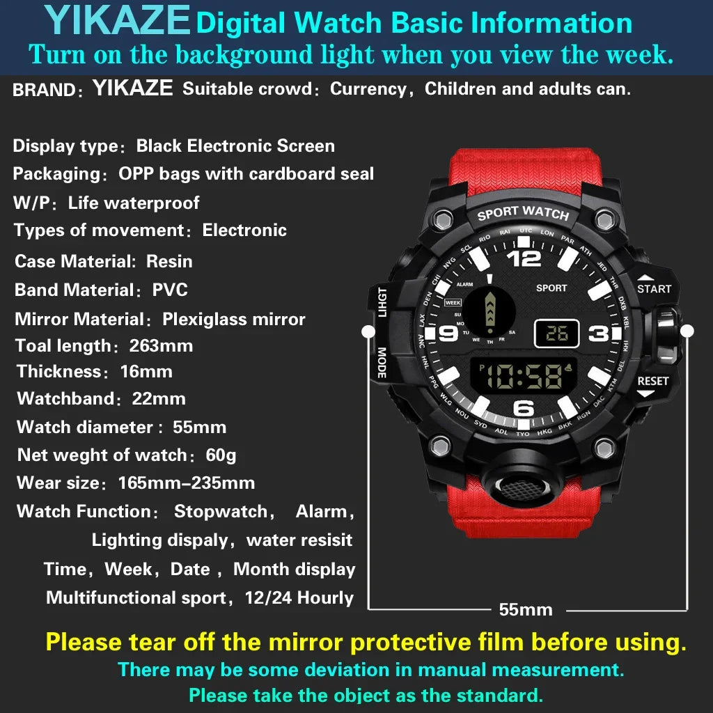 YIKAZE Y02 Sports Men's Watches Multifunction Military Digital Wristwatch Stopwatch Clock LED Electronic Watch for man Student