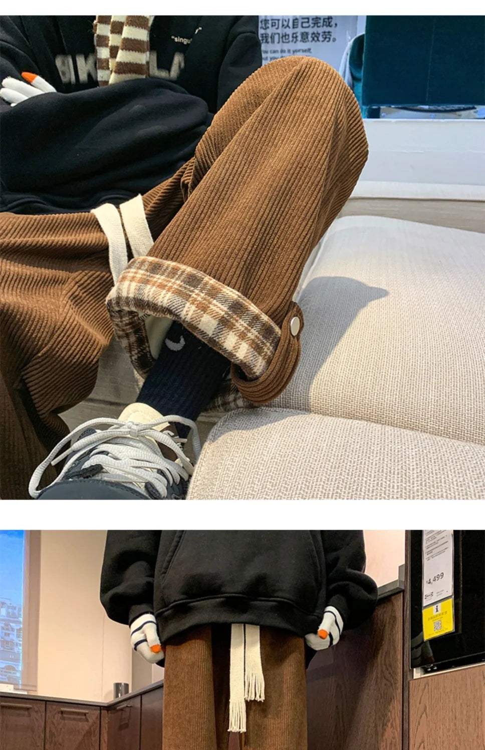 Men's Casual Pants Autumn Winter Warm Straight Corduroy Fleece Trousers Lattice Casual Waist Harajuku Loose Wide Leg Pants