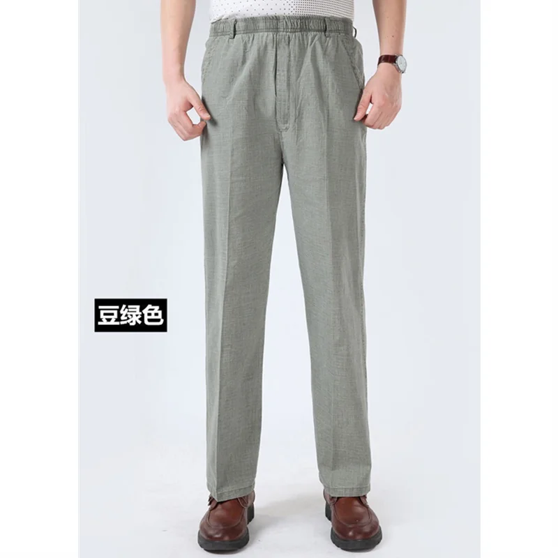 Mens Cotton Linen Long Pants Summer Elastic Waist Trousers Solid Breathable High Waist Loose Leisure Resort Thin Straight Pants