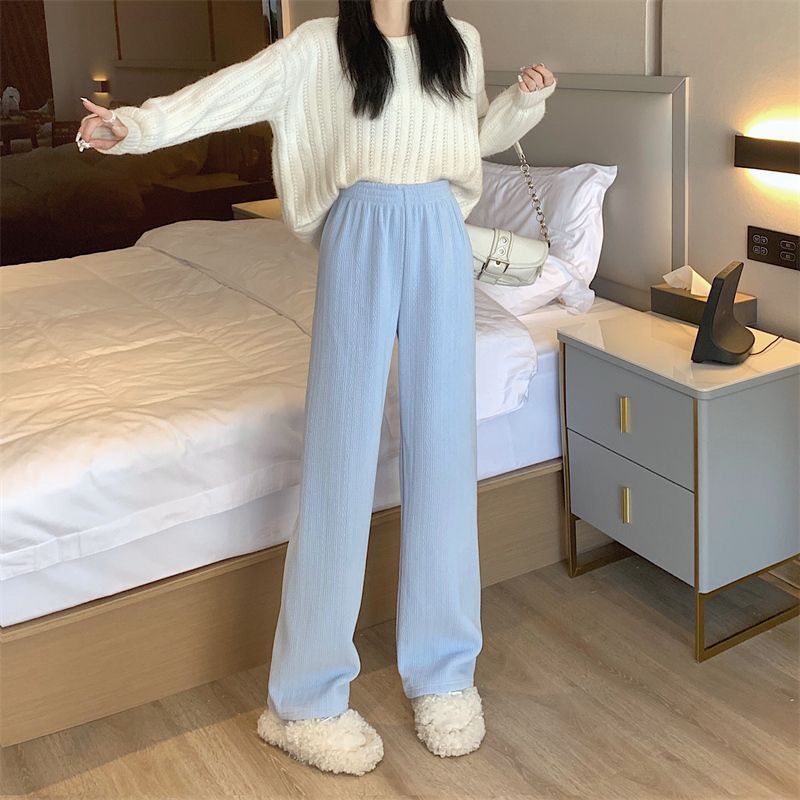 Women Autumn Winter Wide-Leg Pants High-Waist Casual Drape Loose Straight Pants Fleece Elastic Waist Fashion Mopping Pants