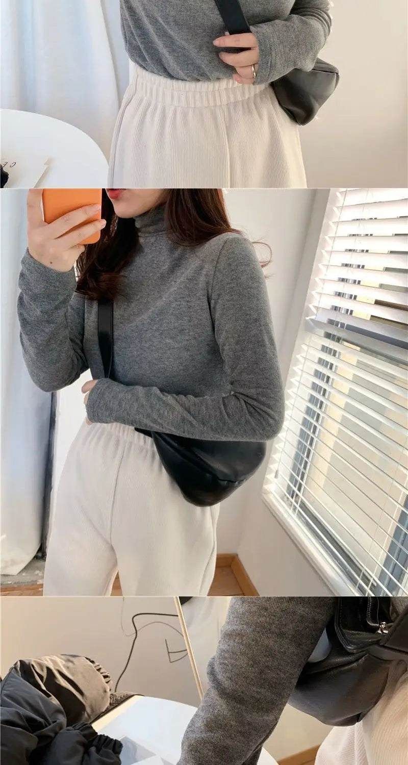 Winter Semi High Collar Long Sleeved T-shirt Women Solid Color Casual Slim Basic Inner Fashion Elegant Warm Gray T Shirt Top