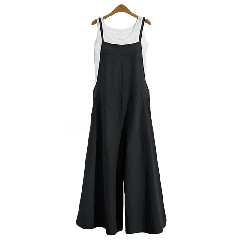 Women Straps Jumpsuit Summer Solid Color Wide Leg Pants Dungaree Bib Overalls Casual Loose Sleeveless Cotton Linen Jumpsuits 5Xl