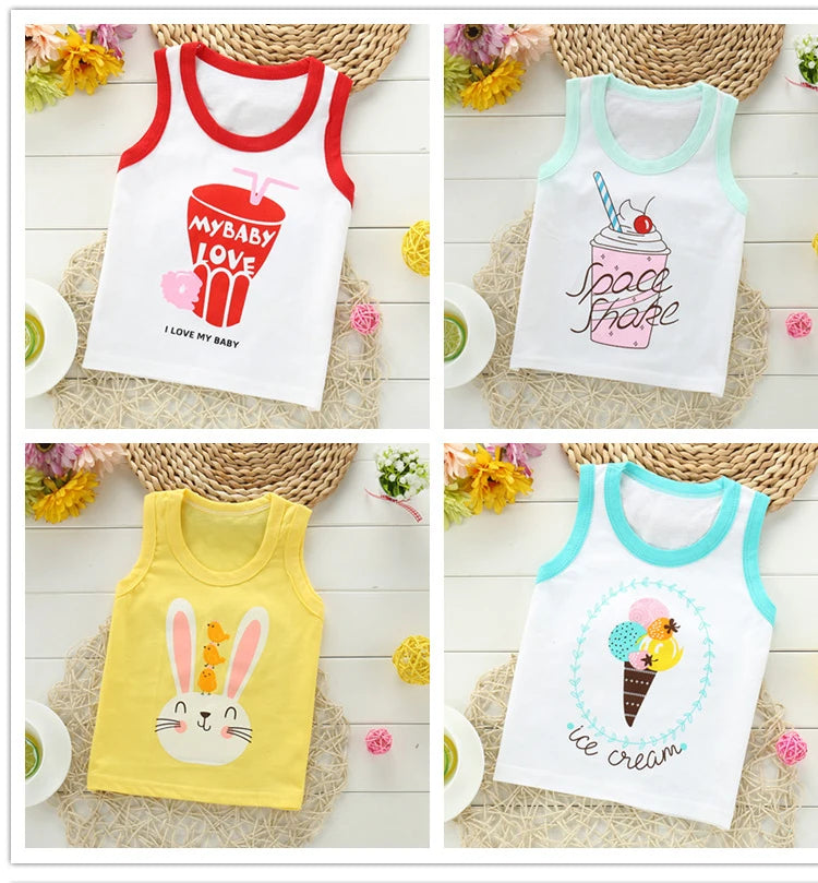 Summer Kids Tops Clothes Tank Sleeveless Breathable Cotton Children T-shirt Vest Top Clothing Outfit Cartoon Boys Girls 0-7Years