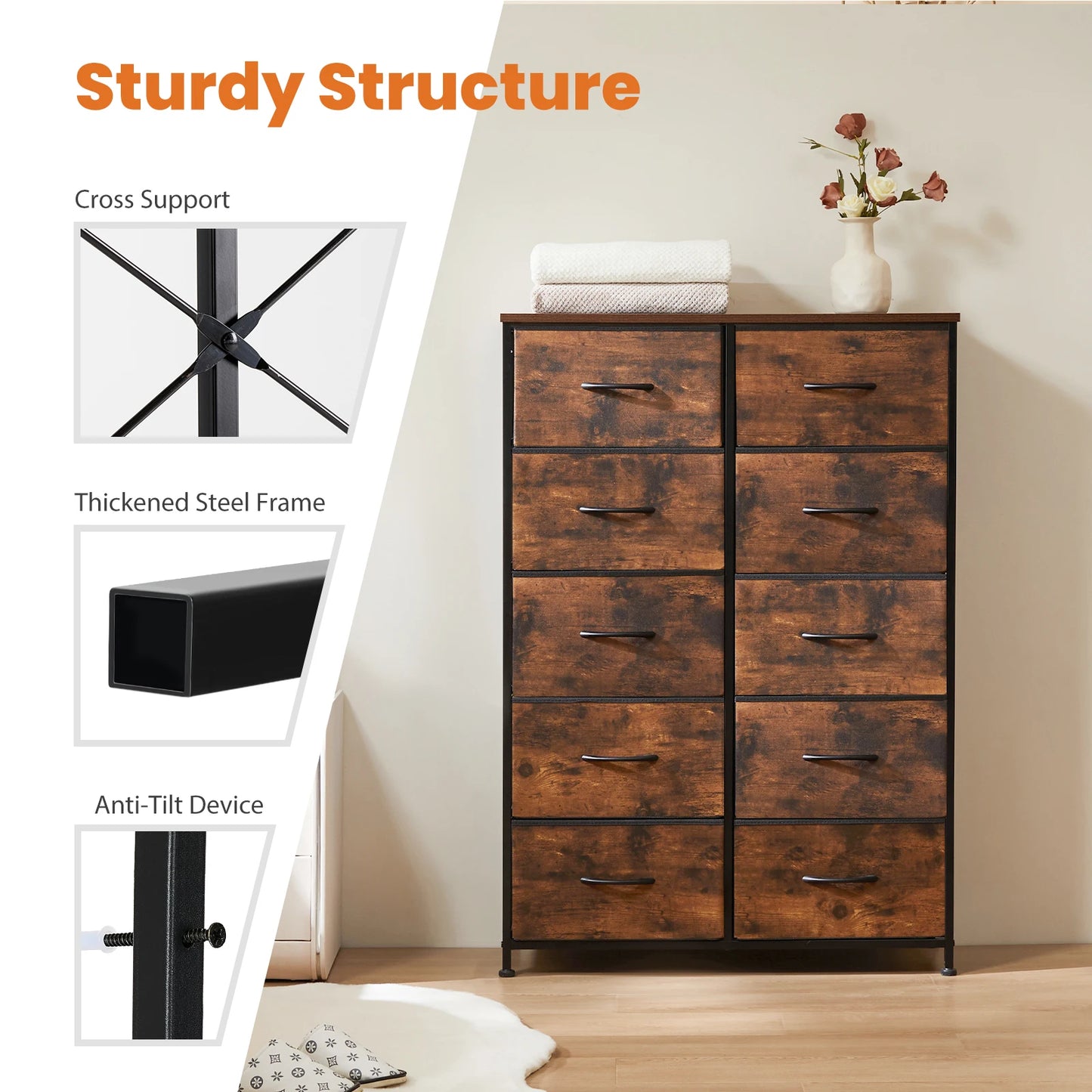 JHK Bedside Table For Bedroom With 10 Fabric Drawers Wardrobe Steel Frame Closet For Storage Cabinet Living Room Of Furniture