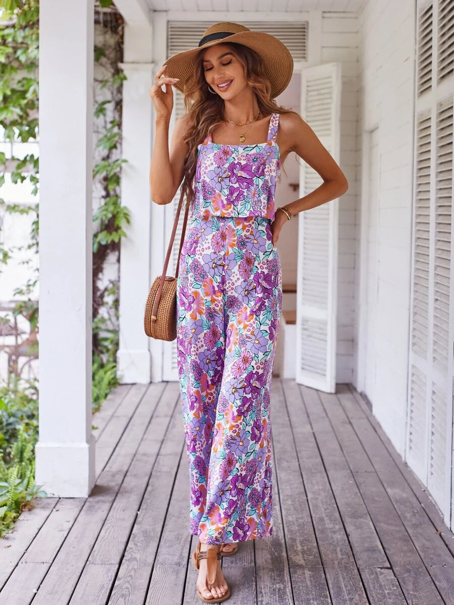 Elegant Long Jumpsuit Women Sexy Backless Wide Leg Jumpsuits Casual Sleeveless Floral Rompers Summer Clothes For Woman 2024 New