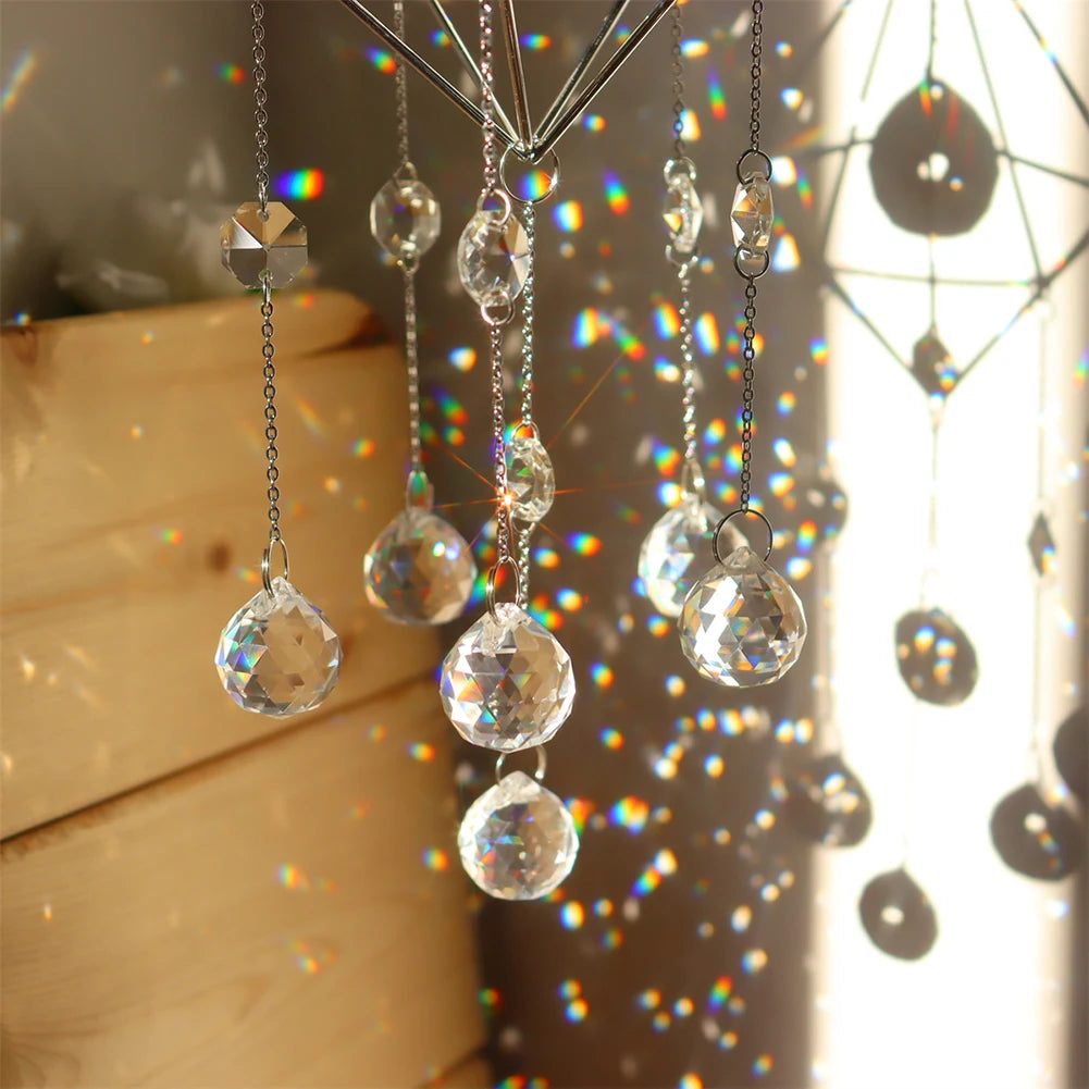 Wind Chime Crystal Light Catcher Hanging Ornament diamond Moon Prism Metal Frame Lighting Ball Bead Jewelry Curtains Home Decor