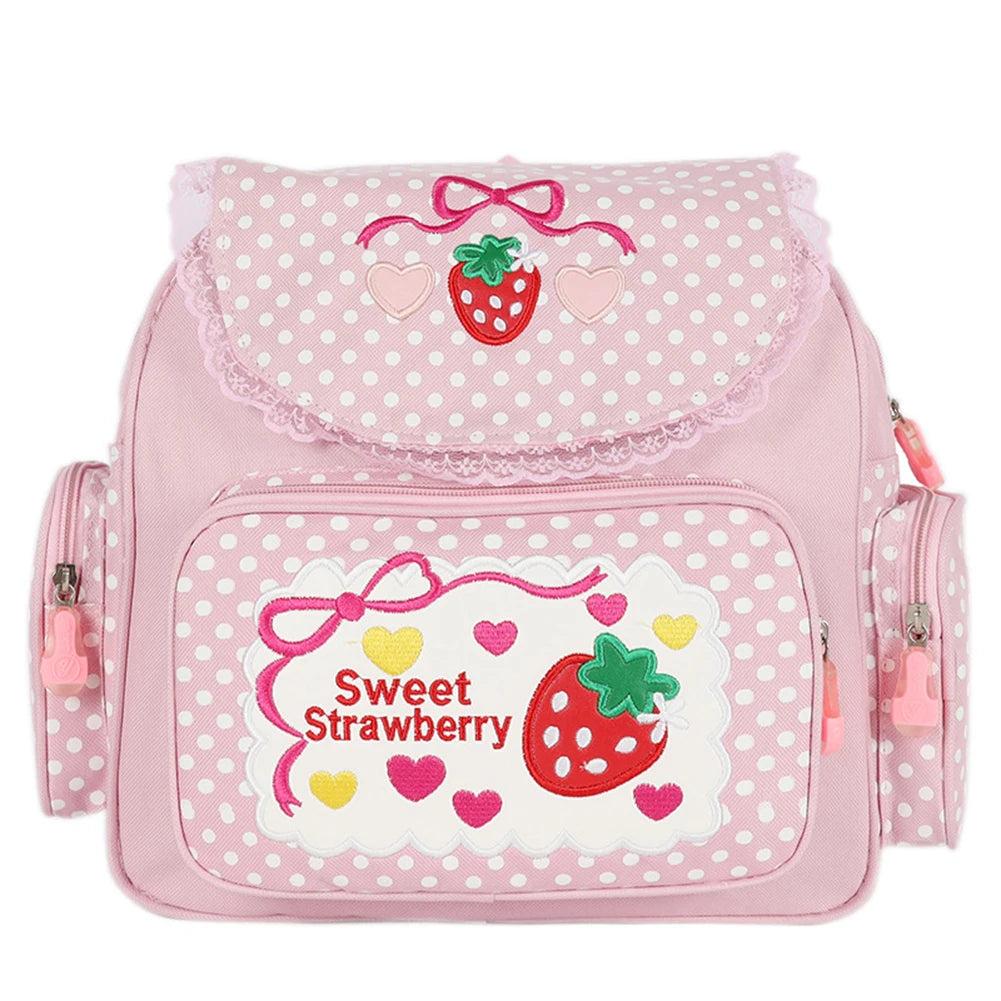 Kawaii Kids School Bag Cute Strawberry Embroidery Student Mochila Dots Multi-Pocket Nylon Fashion College for Teenager Girl