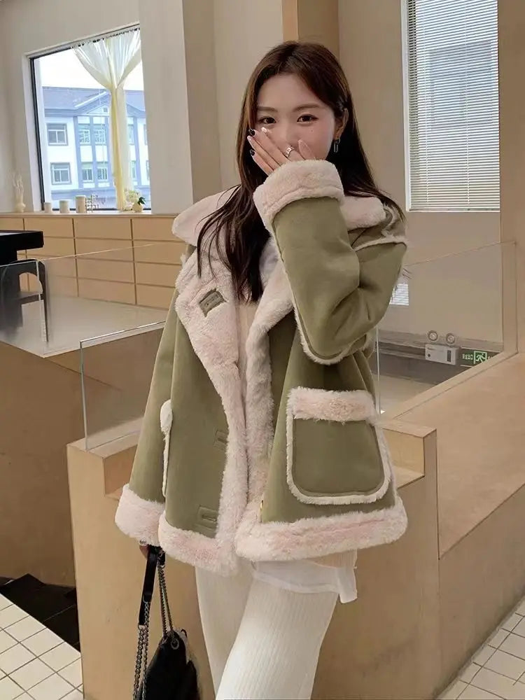 Vintage Thickened Locomotive Women Jacket Long Sleeve Warm Lamb Wool Casual Chic Coat Loose Contrasting Colour Motorcycle Coat