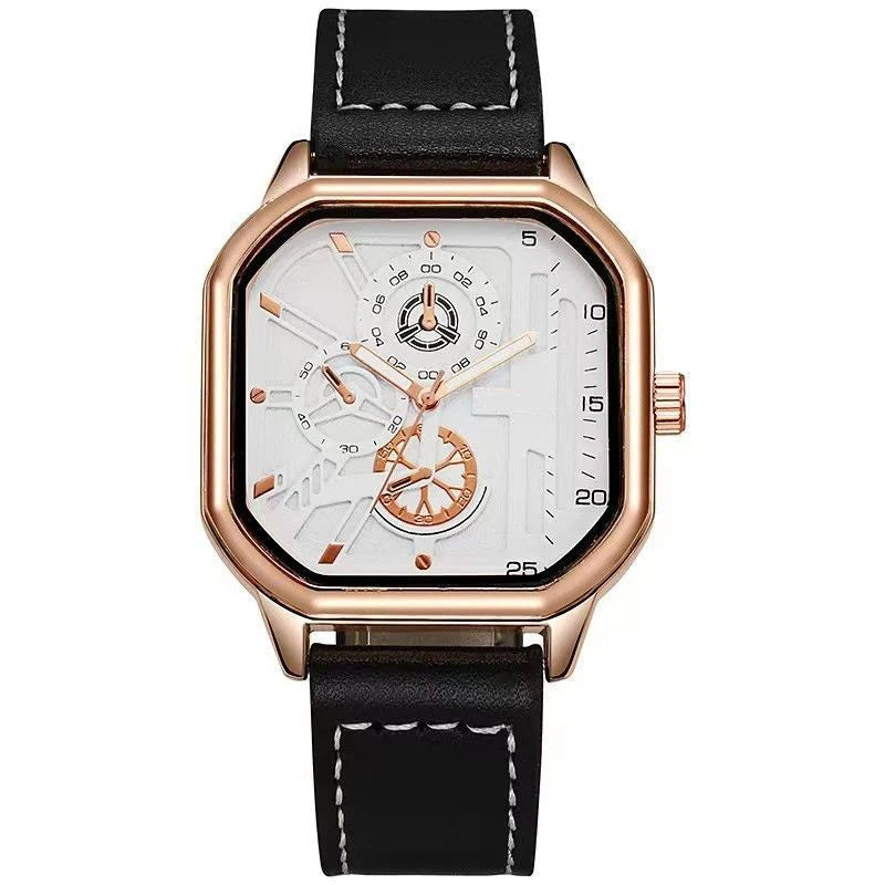 YIKAZE Alloy Men Quartz Watches Leather Strap Big Dial Student Square Sports Watch Cool Black Men's Watch Waterproof  Wristwatch