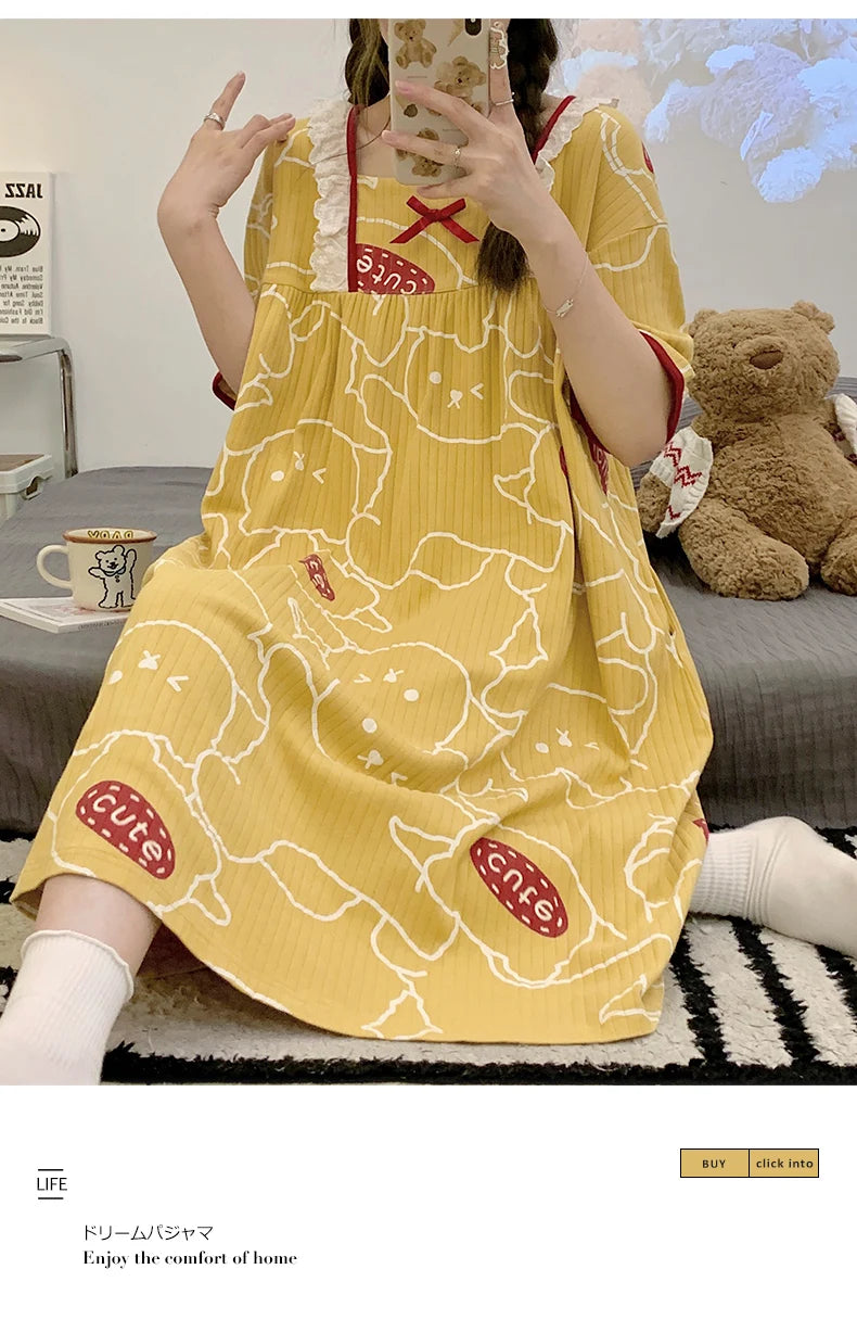 Summer New Knitted Cotton Kawaii Girls Checked Sleep Dress Women's Nightgowns Nighttie Sleepshirts Ladies Dresses Home Fashion