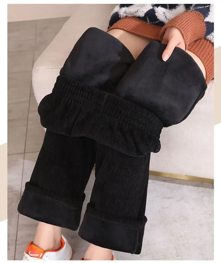 Winter Women Corduroy Trousers Fleece High Waist Loose Straight Pants Elastic Waist Warm Casual Thickened Wide Leg Sweatpants