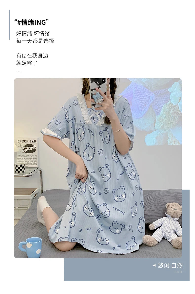 Summer New Knitted Cotton Kawaii Girls Checked Sleep Dress Women's Nightgowns Nighttie Sleepshirts Ladies Dresses Home Fashion