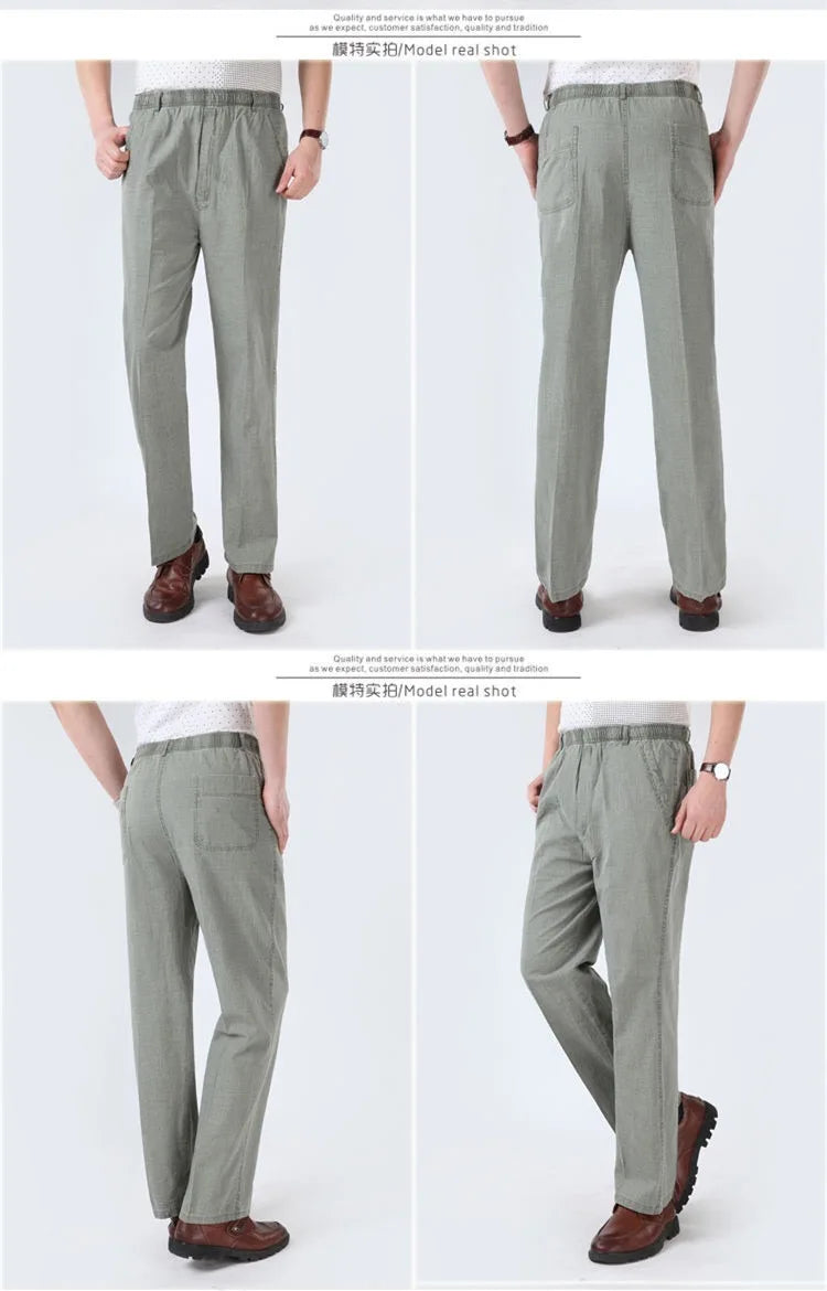 Mens Cotton Linen Long Pants Summer Elastic Waist Trousers Solid Breathable High Waist Loose Leisure Resort Thin Straight Pants