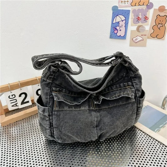 Denim Vintage Messenger Bag for Women Tote Handbag Fashion Jeans Crossbody Shoulder Bag Large Capacity Causal Ladies Satchel Bag