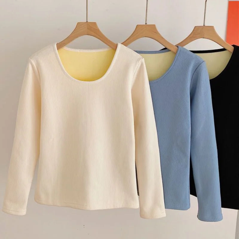 Warm O Neck Long Sleeve Tops Winter Women T Shirts Thread Casual Slim Solid Color Simple Add Fleece and Thicken T-Shirts