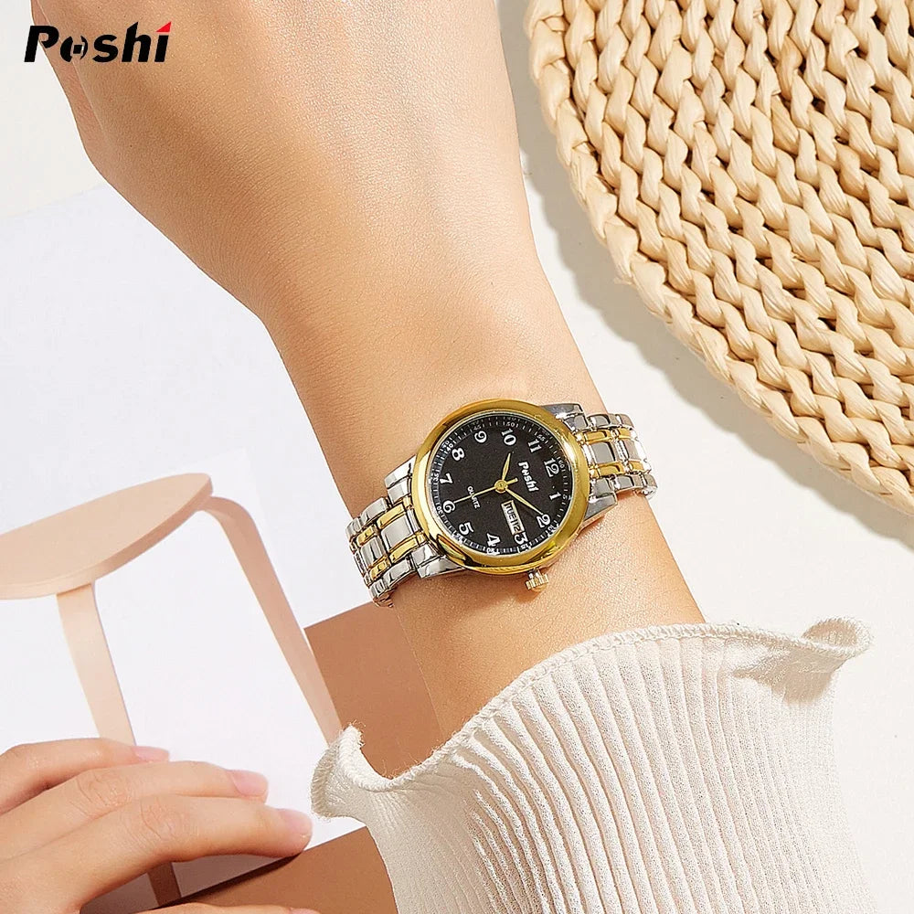 POSHI Luxury Ladies Dress Watch Luminous Waterproof Week Date Woman Wristwatch Stainless Steel Women Quartz Watches Clock Gifts