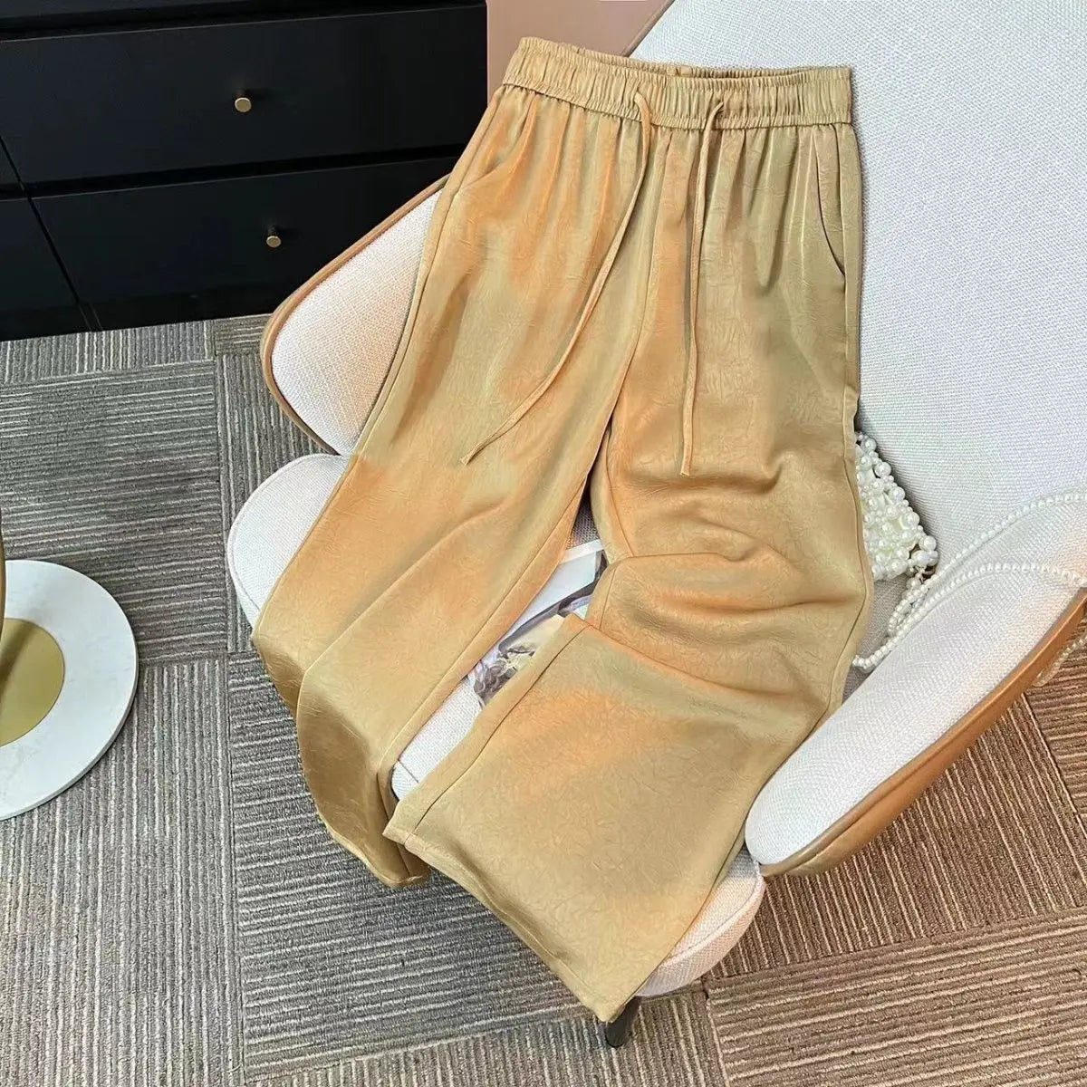 Spring Summer Woman Vintage Jacquard Trousers High Quality Elastic Waist Drawstring Wide Leg Solid Satin Loose Straight Pants