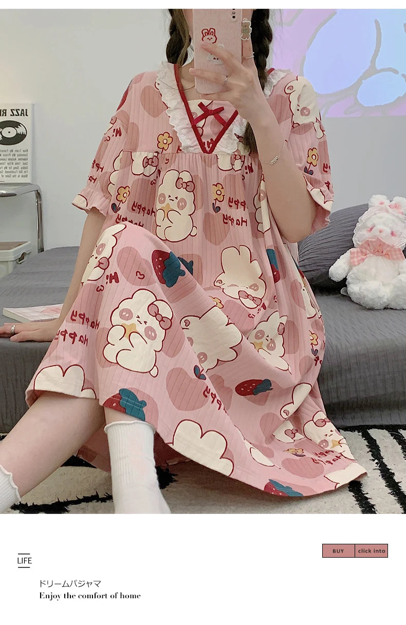 Summer New Knitted Cotton Kawaii Girls Checked Sleep Dress Women's Nightgowns Nighttie Sleepshirts Ladies Dresses Home Fashion