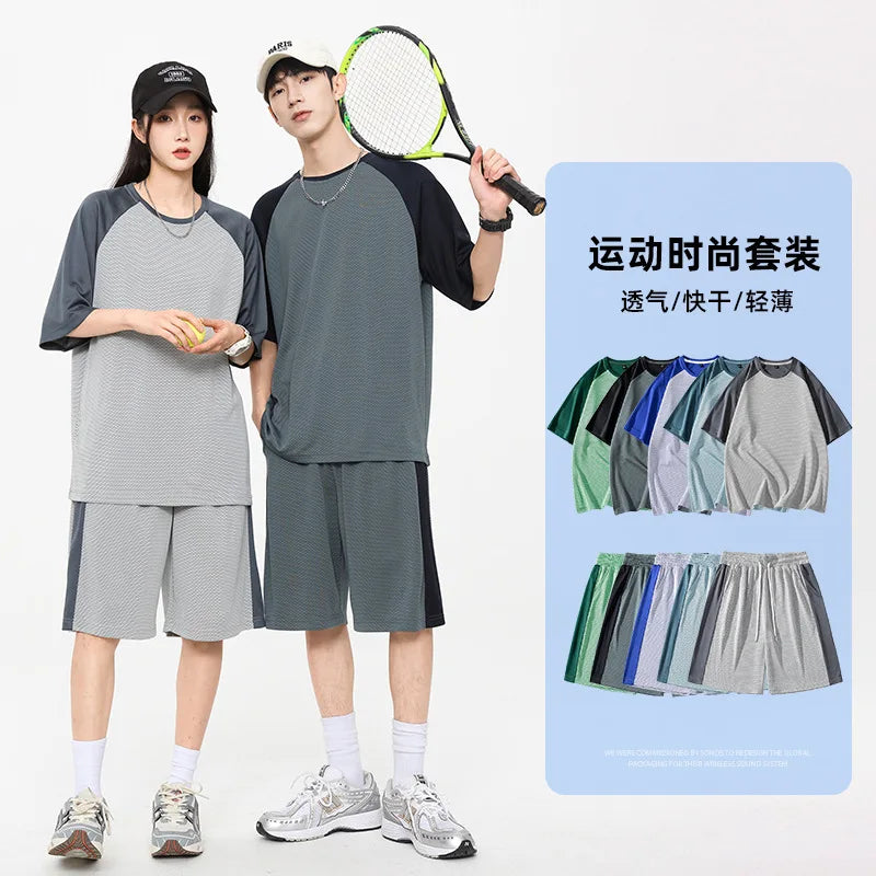 Oversized Summer Breathable Mesh Men Set Couple Outfit Patchwork Casual Women Short Sleeve Wide Leg Shorts Tracksuit 2pcs Set