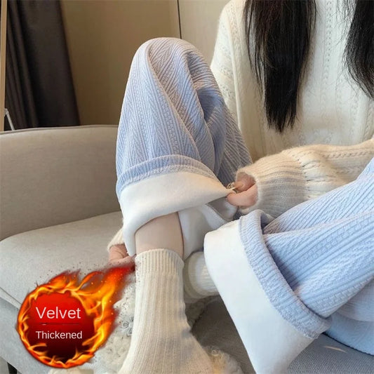 Women Autumn Winter Wide-Leg Pants High-Waist Casual Drape Loose Straight Pants Fleece Elastic Waist Fashion Mopping Pants