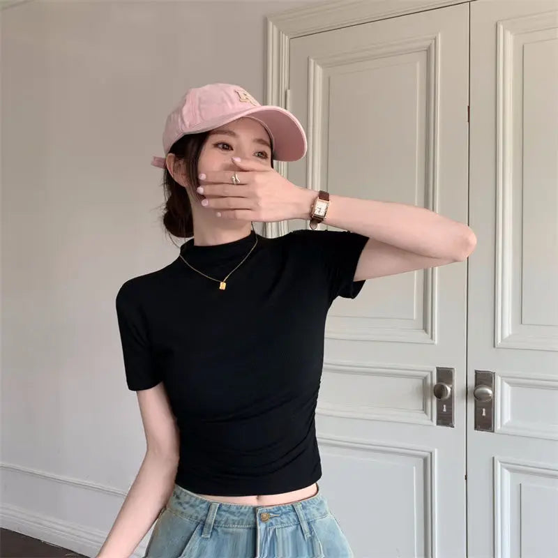 Fashion Women's Short T-shirt middle collar Slim fit Short Sleeve Casual Tee Tight Folds Wild High Waist Workout Yoga Tops