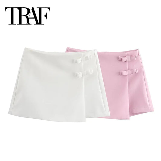 TRAF 2024 Pink White Mini Skirt Woman Fashion Bow Skort For Women Summer Slit Short Skirt Woman Split High Waist Skirt Shorts