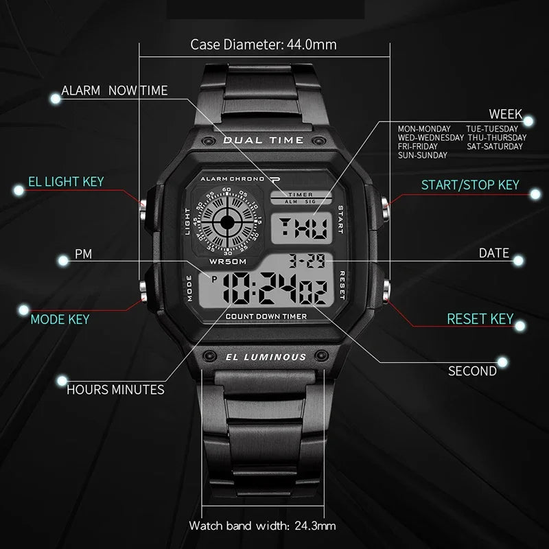 MAYZHISU Classic Men's Digital Watches Luxury Stainless Steel Strap Sport Watches Men Military Clock LED Sport Wristwatch