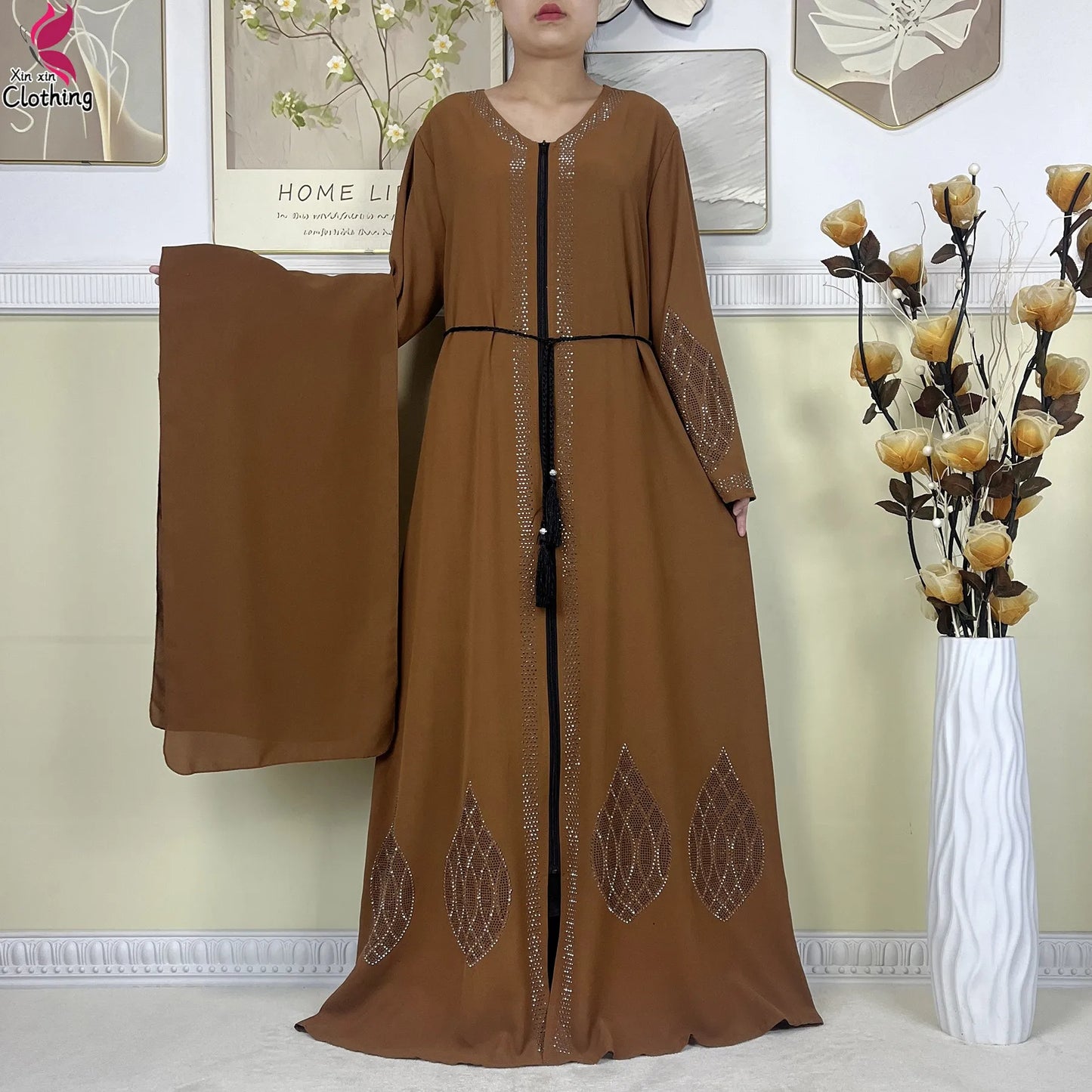 New Muslim Abayas For Women Long Sleeved Dress Dubai Lady Elegant Long Dress Islam Clothing African Abaya Loose Robe With Turban